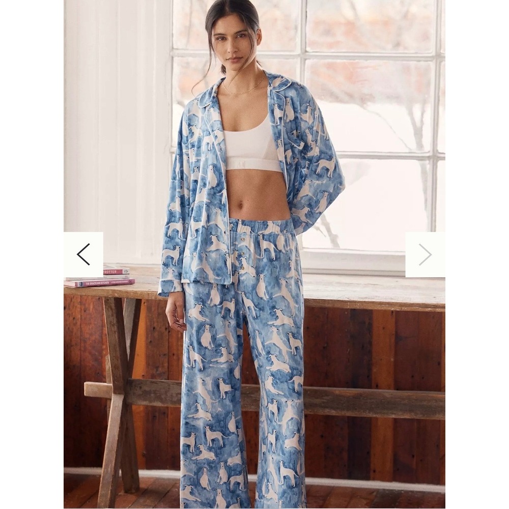 Anthropologie Lyrebird Pajama Set Top Bottom Pants Size Medium White Dog Print